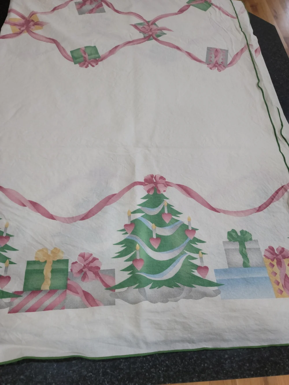 Holiday Tablecloth with Pink Ribbon and Green Christmas Tree